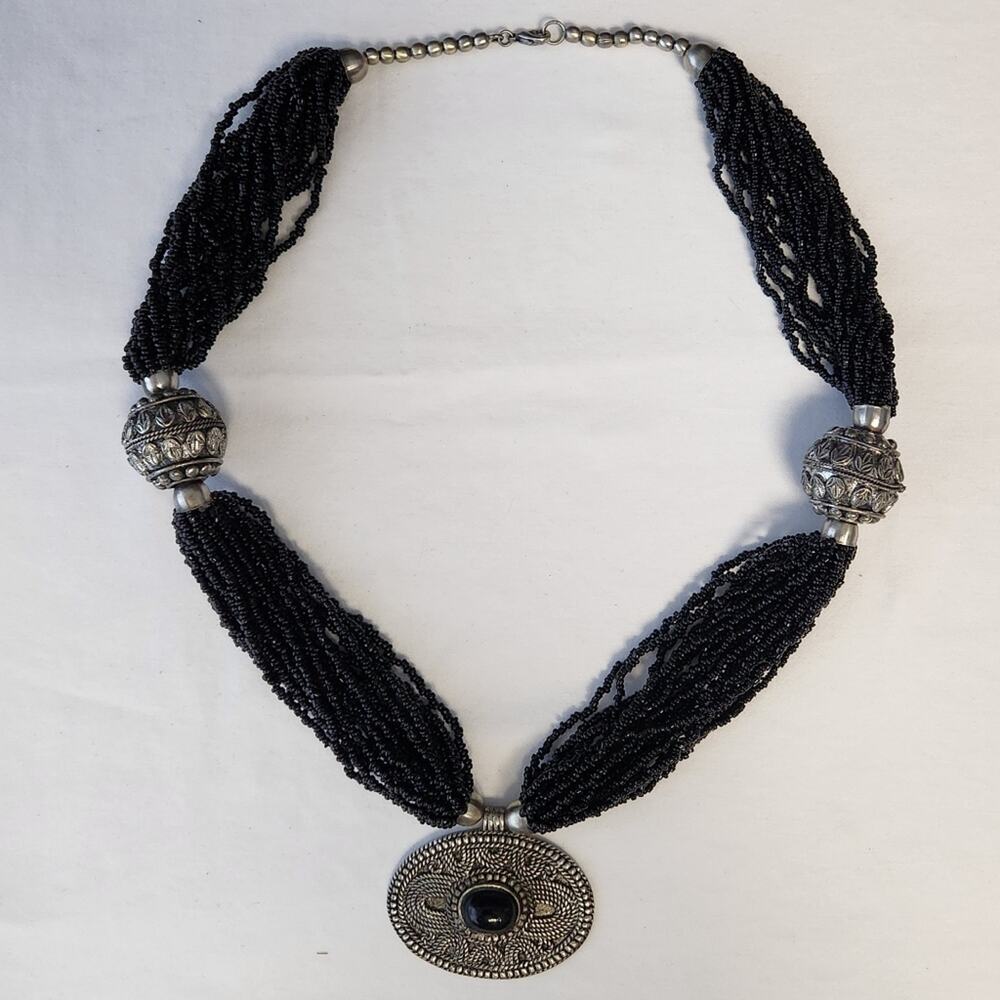 Black Seed Bead Multi-Strand Statement Necklace Silver Tone Etched Pendant Boho - Picture 4 of 6